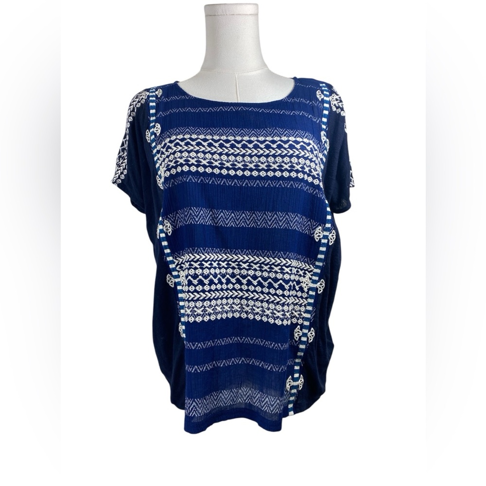 J. Crew Women’s XS Navy White Geometric Embroidery Artisan Boho Chic Casual Top